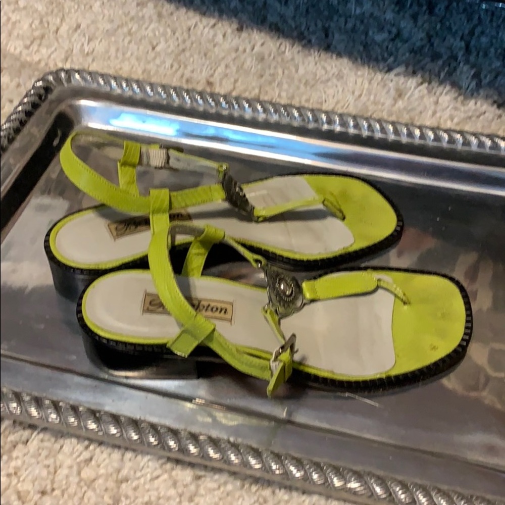 Brighton Lime Green Leather T-Strap Sandals with Silver Concho Accents - Picture 2 of 8